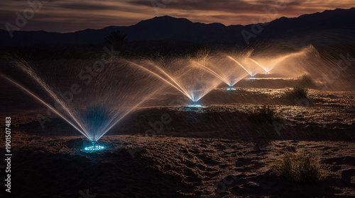 Smart irrigation system in desert oasis at sunset, futuristic water sprayers with glowing blue sensors, agrotech and desert reclamation concept