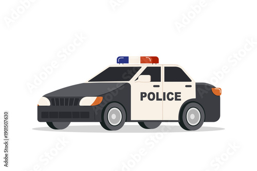 Police car with red-blue sound siren on roof and police inscription on side. Flat vector illustration.