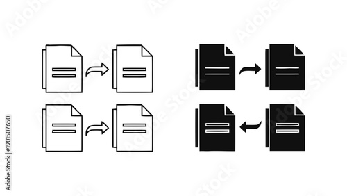 Vector illustration of document conversion and data transfer process icons, on transparent background