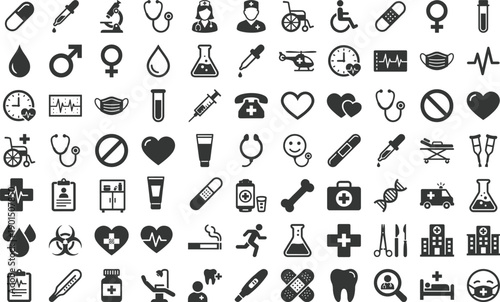 Extensive medical and healthcare icon set featuring hospital, emergency, pharmacy, diagnostics, treatment and patient care symbols for apps, websites, infographics and clinical design projects