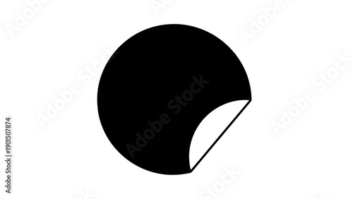 Vector illustration of a solid black circle with a peeling bottom right corner, on transparent background