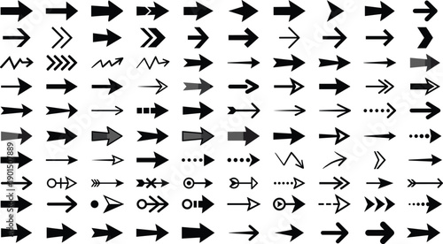 Large collection of black arrow icons in various styles and directions for navigation, interface design, infographics, user experience and graphic communication projects