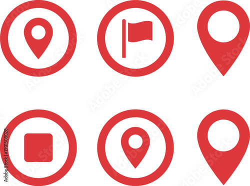 Red location pin and map marker icon set for GPS navigation, destination targeting, routing and user interface design in web and mobile applications