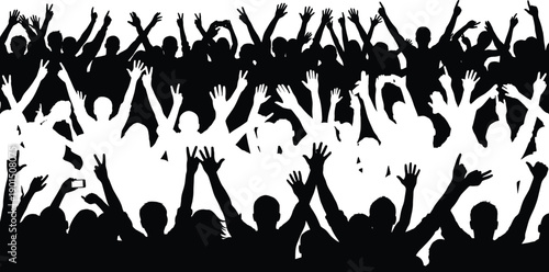 Silhouette of cheering crowd with raised hands celebrating concert, festival, success and unity, representing excitement, teamwork, audience participation and energetic social event atmosphere