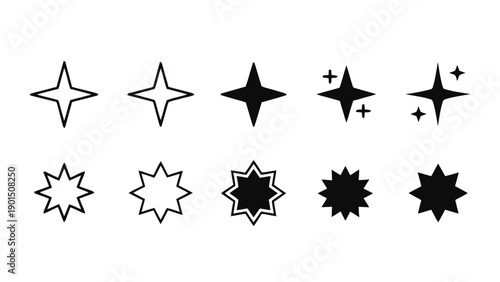 Vector illustration of star and sparkle icons collection, on transparent background, graphic elements for design