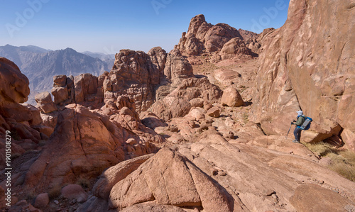 A male hiker in a trail in high mountains in Sinai next to town Saint Catherine. Red mountains and huge boulders of amazing forms. Vacation and tourism in Sinai.