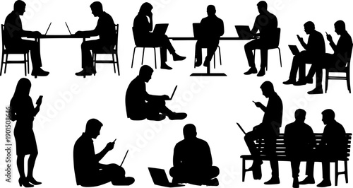 Black silhouette set of people sitting and working, isolated on white background