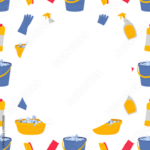 Square frame with cleaning supplies and equipment. Free space for brand, advertisement. Cleaning business at home and in offices.