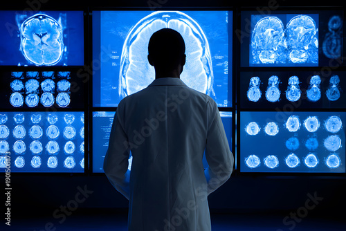Doctor examines brain scans on a large display in a medical facility at night