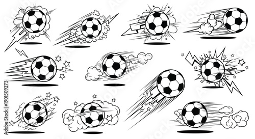 Multiple soccer balls move quickly with comic book speed lines and effects.