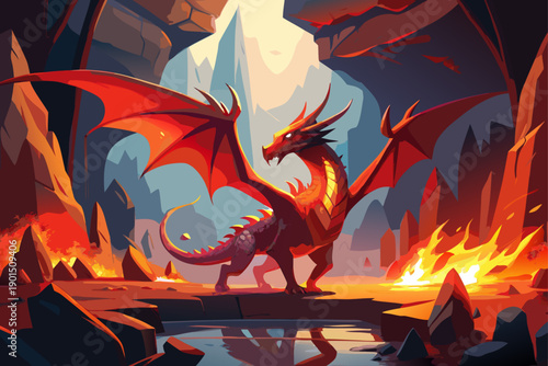 Mountain Dragon Breath of Fire digital painting with wings spread depicts a red dragon breathing fire outside a dark cave in an epic fantasy scene with dramatic lighting and mythical power.