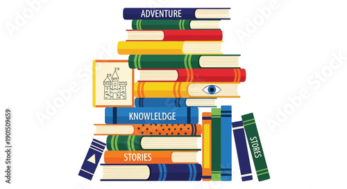 Vibrant stack of diverse books representing adventure knowledge and stories for imaginative minds