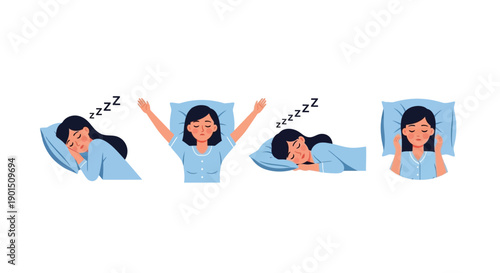 Diverse sleeping positions illustrated by a woman in pajamas on a white background demonstrating