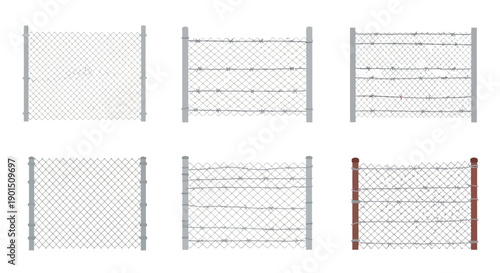 Collection of six diverse chain link fences including variations with barbed wire and different