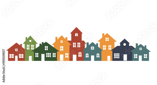 A diverse collection of charming houses painted in a spectrum of vibrant, cheerful colors arranged