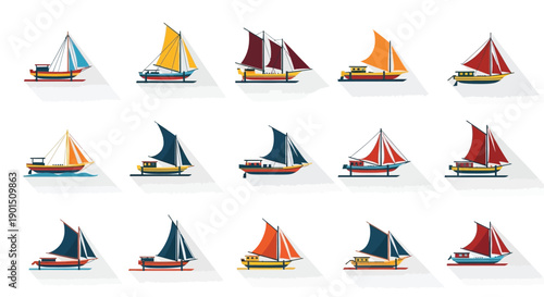 Collection of Diverse Sailboats Displayed in a Grid Formation with Cast Shadows