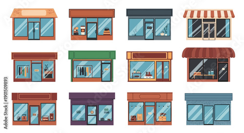 Diverse Collection of Adorable Cartoon Shops and Commercial Establishments Illustrated in a Flat