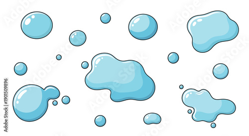 Collection of illustrated blue water splashes and droplets on a white background