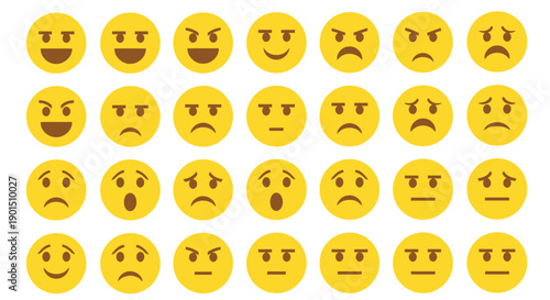 A comprehensive collection of yellow emoji faces expressing a wide range of emotions and sentiments