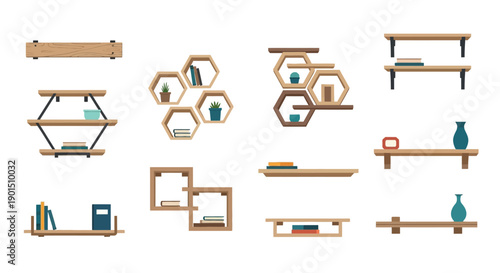 Collection of modern and minimalist wooden shelves in various geometric shapes