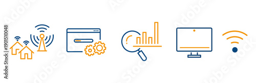 set icons such as wireless internet, seo, computer, website page, wi fi, line art vector