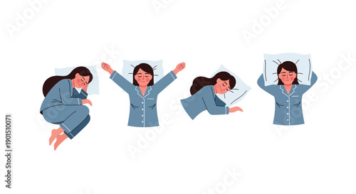Illustrations of a woman in pajamas demonstrating various sleeping positions on white background