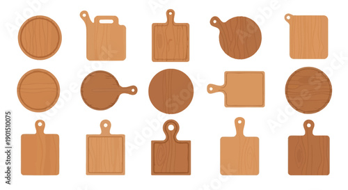 Collection of diverse wooden chopping boards in various shapes and sizes for kitchen use