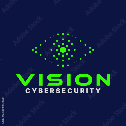 Futuristic cybersecurity logo featuring a digital eye made of glowing dots and geometric core. Modern technology symbol for data protection, network security, it, digital vision, and innovation.