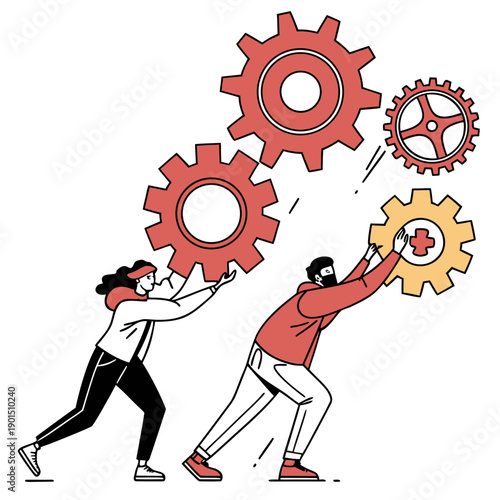 Two people working together to align gears for success