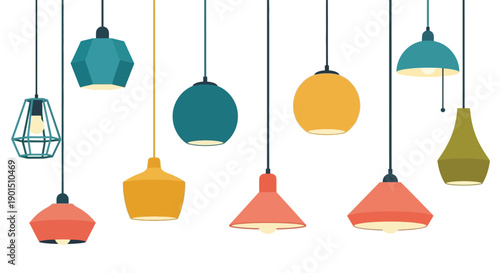 Collection of modern designer pendant lamps in various shapes and vibrant colors against a white