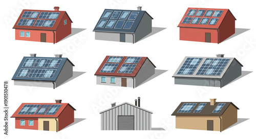 Diverse residential buildings equipped with modern photovoltaic solar panel systems illustrating