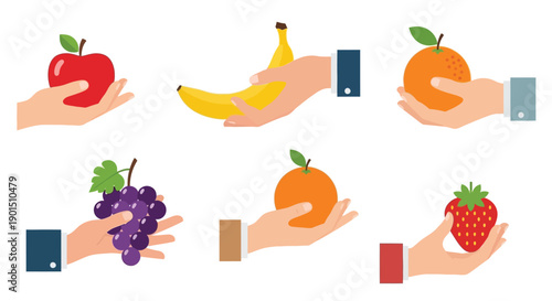 Hands offering a variety of fresh fruits including apples bananas oranges grapes and strawberries