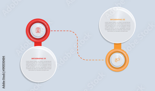 2 points comparison for infographic with glossy gradient style with big circle opposite up and down with dotted line connected two point list information