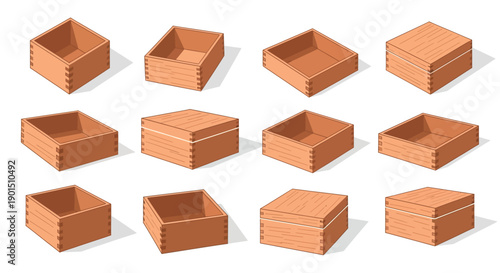 Collection of isometric wooden boxes and containers showcasing varied designs and construction