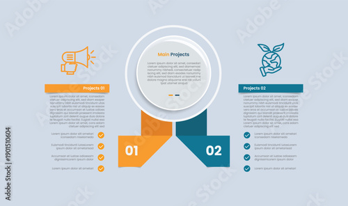 2 points comparison for infographic with glossy gradient style with big circle center with ribbon flipping shadow opposite with two point list information