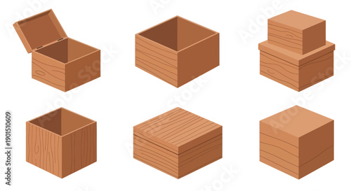 Collection of Various Wooden Box Designs in Isometric Perspective