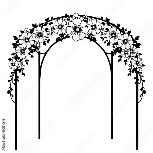 Ornamental floral arch vector, black and white mandap frame, detailed flower carving, hanging tassel decoration, symmetric design