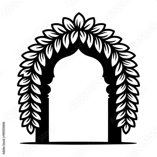 Ornamental floral arch vector, black and white mandap frame, detailed flower carving, hanging tassel decoration, symmetric design