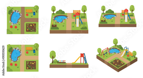 Various miniature park scenes with playgrounds, ponds, benches, and flower beds in an isometric view