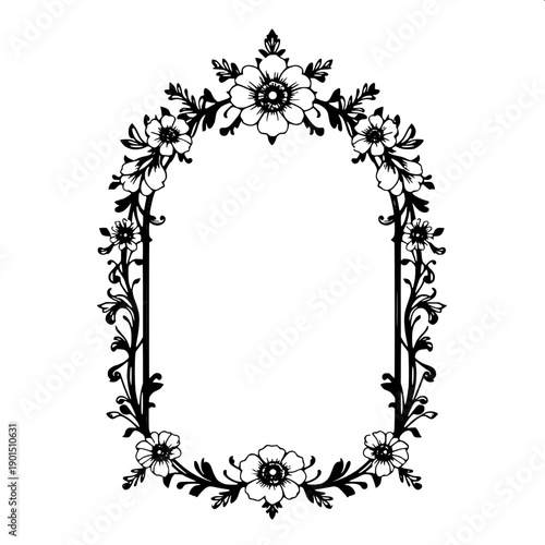 Ornamental floral arch vector, black and white mandap frame, detailed flower carving, hanging tassel decoration, symmetric design