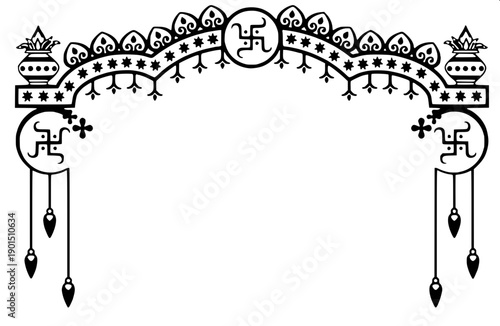 Ornamental floral arch vector, black and white mandap frame, detailed flower carving, hanging tassel decoration, symmetric design