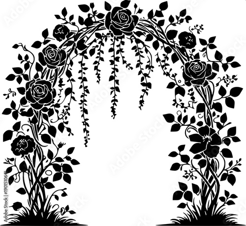 Ornamental floral arch vector, black and white mandap frame, detailed flower carving, hanging tassel decoration, symmetric design