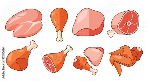 A vibrant and appealing collection of stylized raw and cooked chicken pieces presented in a