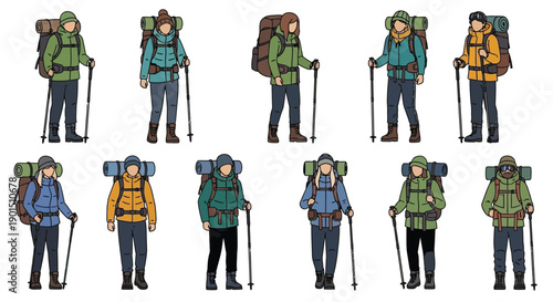 Diverse group of hikers ready for adventure with backpacks and trekking poles