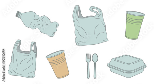 Collection of disposable plastic items including bags cups cutlery and a takeaway container