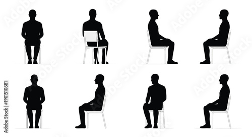 Diverse Male Silhouettes Seated in Chairs Demonstrating Various Poses and Perspectives for Design