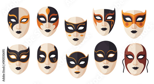 Collection of assorted decorative Venetian style face masks with bold patterns