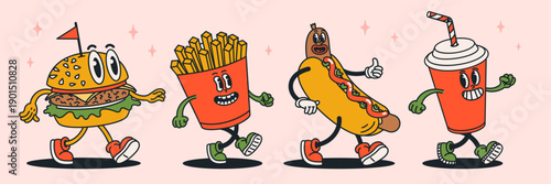 Food character set with groovy cartoon burger, fries, hot dog and soda cup in retro vintage style on light background. Food character vector illustration. Perfect for stickers, posters, packaging