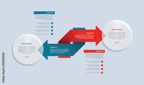 2 points comparison for infographic with glossy gradient style with big arrow flipped connected union with opposite circle direction with two point list information