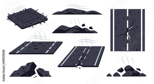 Collection of illustrations depicting cracked asphalt roads and piles of rubble with heat waves
